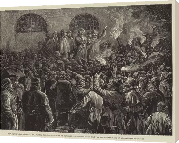 The Irish Land League, Mr Boyton burning the Duke of Leinsters Leases on a '98 Pike'in the Market-Place of Kildare (engraving)