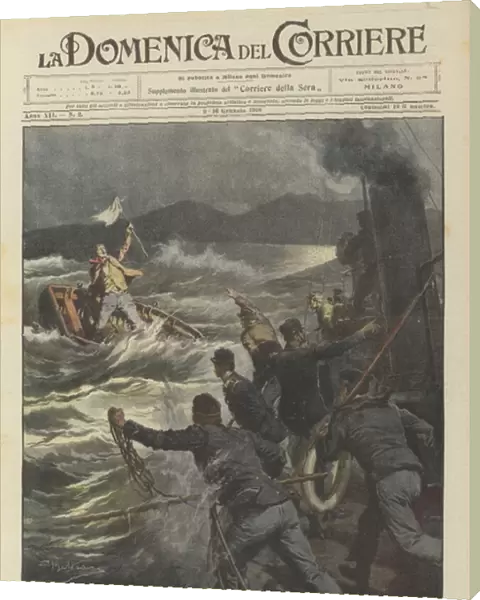 Dramatic rescue on Lake Lugano during a stormy fair, between a torpedo boat and a lost boat (colour litho)