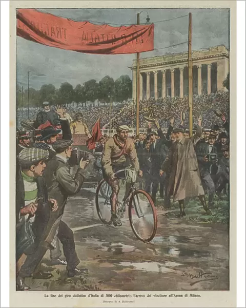 The end of the 3000-kilometer cycling tour of Italy, the winners arrival at the Milan Arena (colour litho)