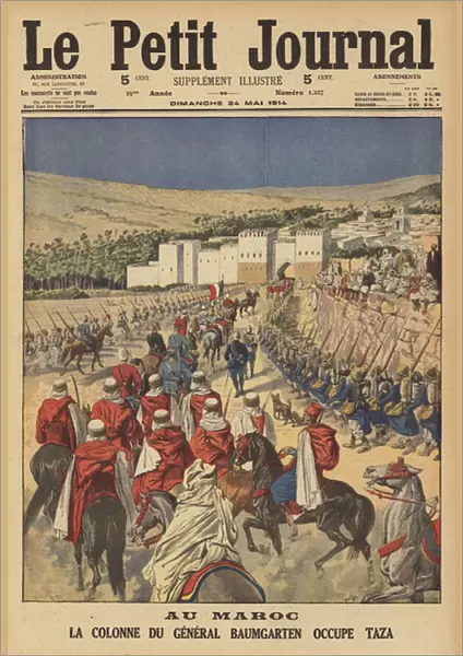 French column commanded by General Baumgarten occupying the town of Taza in Morocco (colour litho)