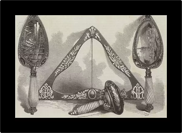Trowels, Mallet, and Level used by the Prince and Princess of Wales at Glasgow (engraving)