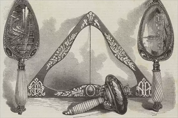 Trowels, Mallet, and Level used by the Prince and Princess of Wales at Glasgow (engraving)