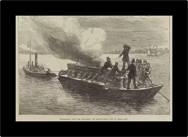 Experiments with the Pyroleter, for extinguishing Fire on Board Ship (engraving)