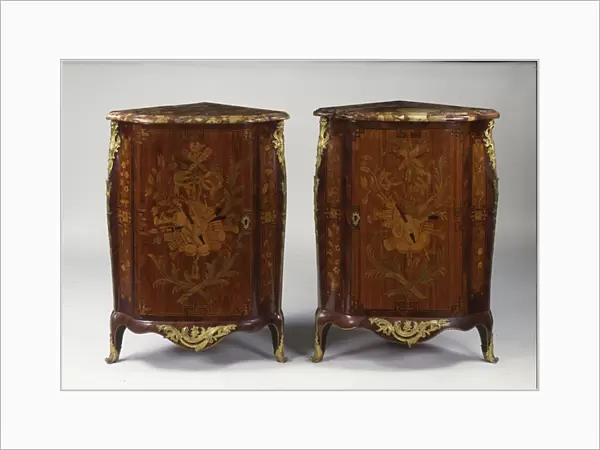 Pair of Louis XV marquetry encoignures (wood & Breccia marble)