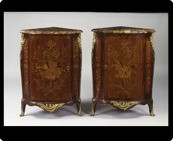 Pair of Louis XV marquetry encoignures (wood & Breccia marble)