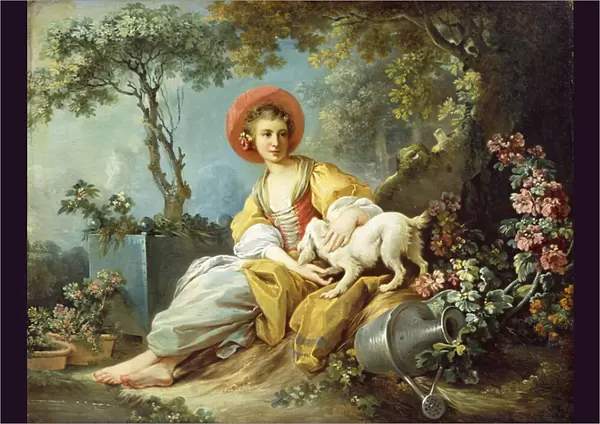 A Young Woman Seated with a Dog and a Watering Can in a Garden, (oil on canvas)