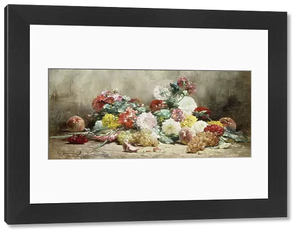 Carnations, Roses, Grapes and Peaches, (oil on canvas)