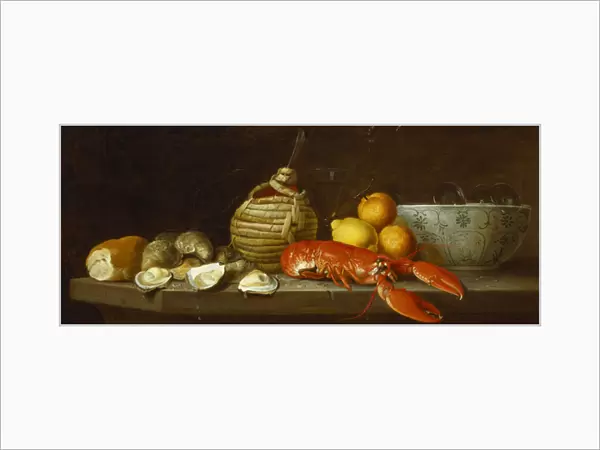 Bread, oysters, a Chianti flask, a lobster, lemons, oranges