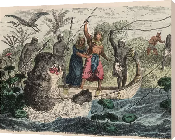 Ancient Egypt: Pharaoh hunting Hippopotamus, 1866 (coloured engraving)