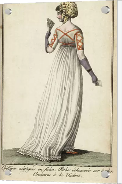 Woman in victim-style criss-cross ribbon dress, 1798 (handcoloured copperplate engraving)