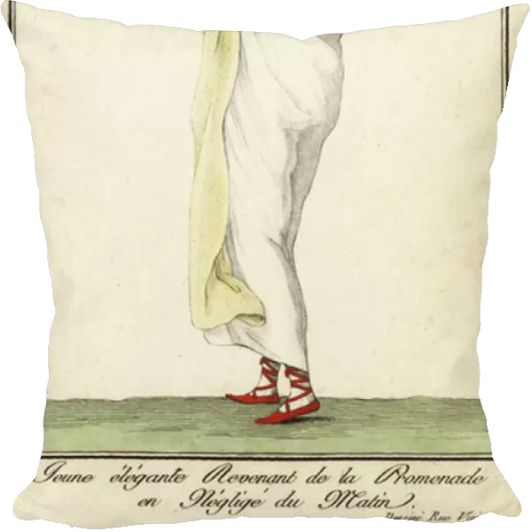 Young elegant woman on a walk on Rue Vivienne, 1798 (handcoloured copperplate engraving)