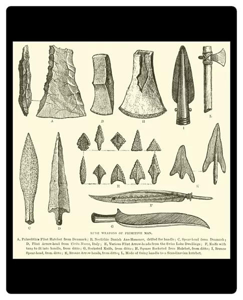 Rude weapons of primitive man (engraving)