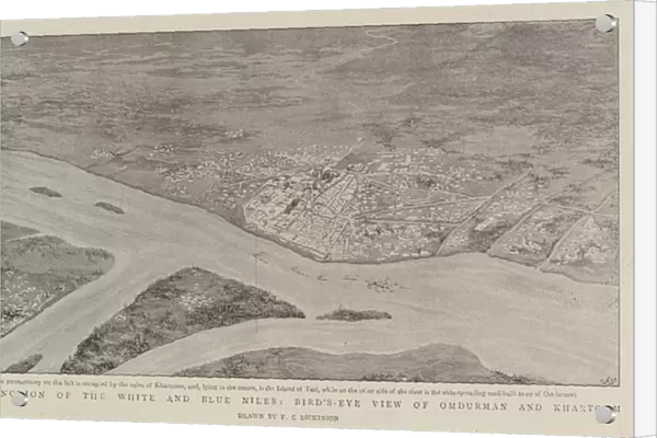 The Junction of the White and Blue Niles, Bird s-Eye View of Omdurman and Khartoum (litho)