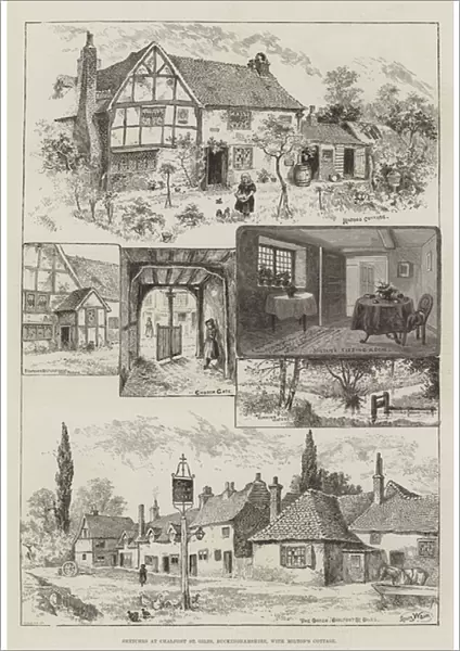 Sketches at Chalfont St Giles, Buckinghamshire, with Miltons Cottage (engraving)