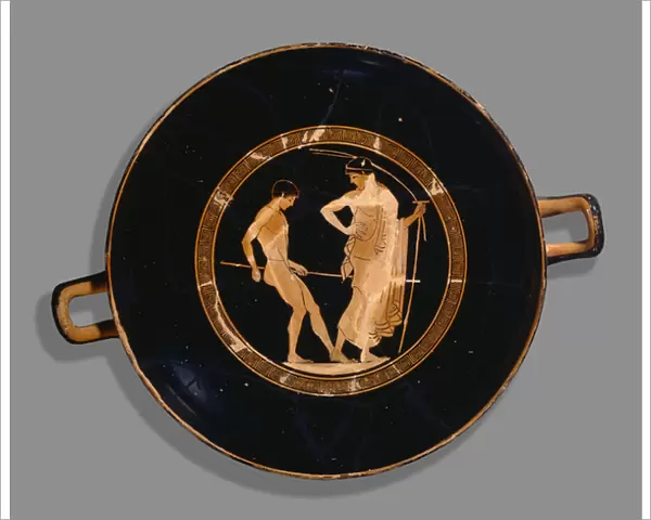 Athenian red-figure cup; depiction of boy athlete and trainer, 480 BC (ceramic)