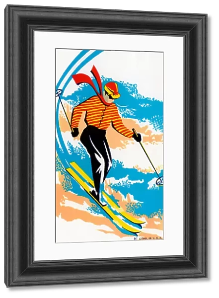 Skier on Ski Slope, 1933 (colour litho)