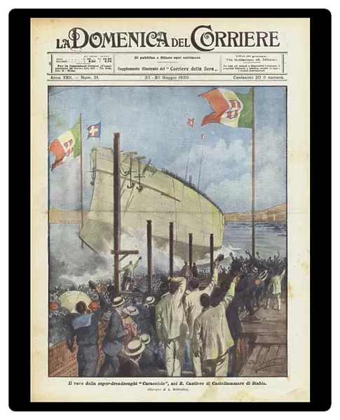 The launch of the super-dreadnought Caracciolo, in the R Cantiere di Castellammare di Stabia (colour litho)