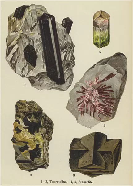 Silicates, tourmaline, staurolite (colour litho)