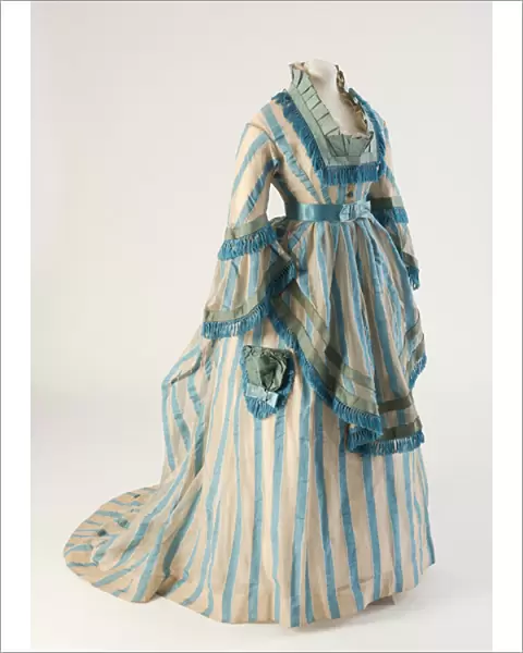 Blue striped cotton gauze day dress, 1874 (cotton)
