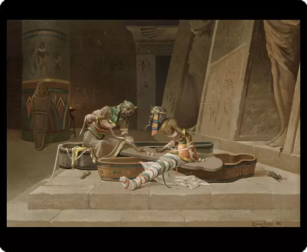 The mummies of Setna and Ptahneferka playing dice for the magic book of Thoth (chromolitho)