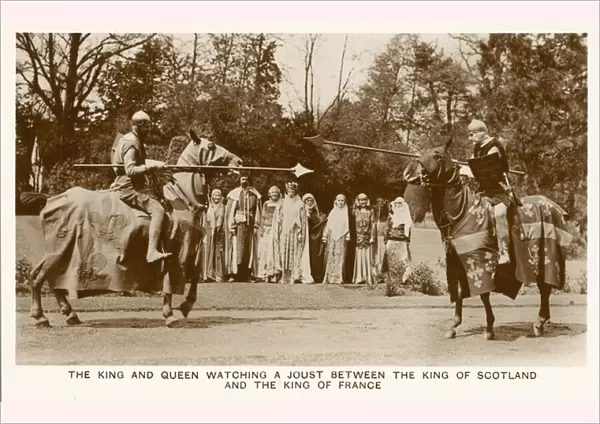 The King and Queen watching a joust between the King of Scotland, and the King of France (b  /  w photo)