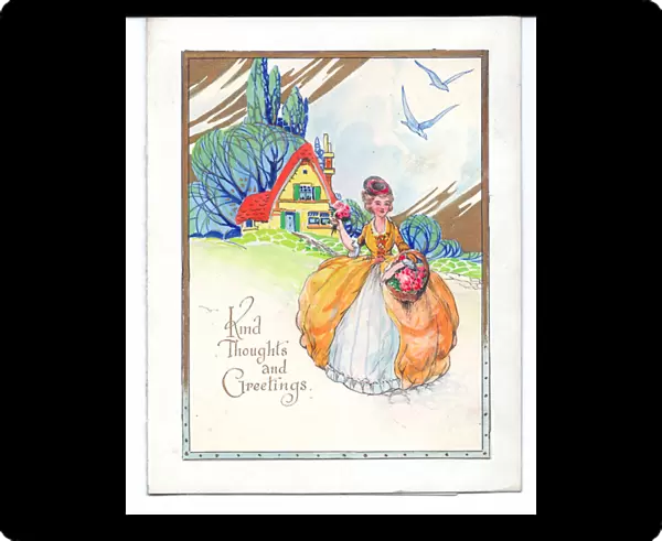 Original artwork for a greeting card of a lady in a crinoline dress
