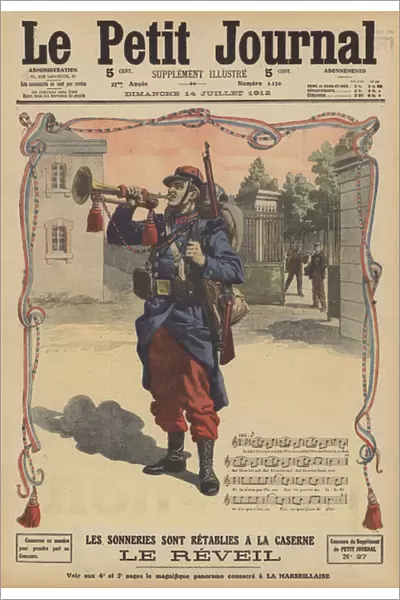 French Army bugler sounding the Reveille at his barracks (colour litho)