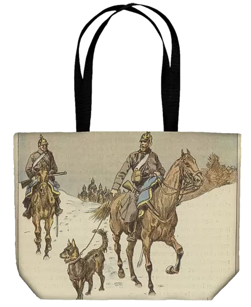 Cavaliers prussiens en reconnaissance, precedes de chiens tenus en laisse (colour litho)