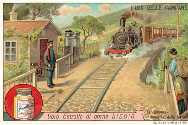 Bells to warn of approaching trains at a railway crossing (chromolitho)