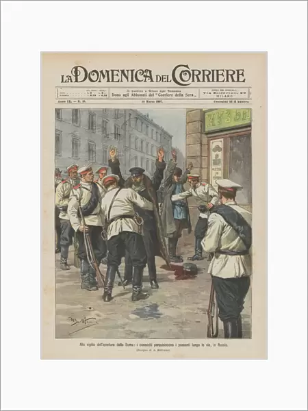 On the eve of the opening of the Duma, the Cossacks search passers-by along the streets, in Russia (colour litho)