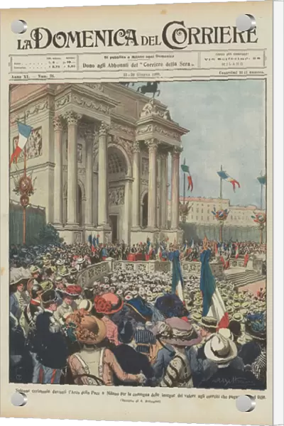 Solemn ceremony in front of the Arch of Peace in Milan for the delivery of the insignia of value to... (colour litho)