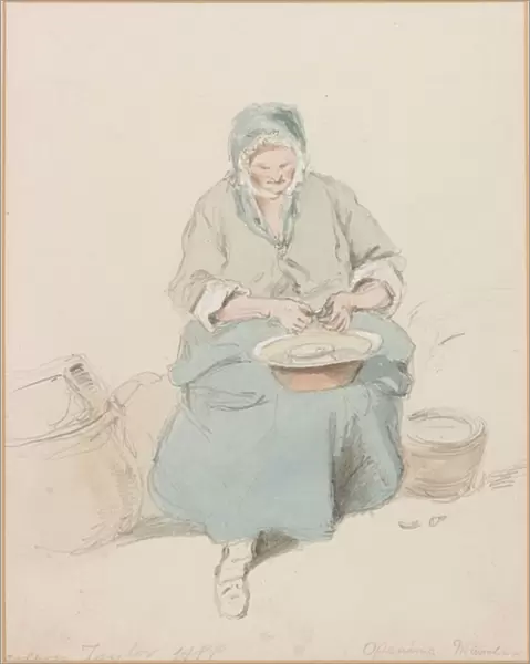 Mrs Taylor Opening Mussels (b  /  c, pencil & w  /  c on paper)