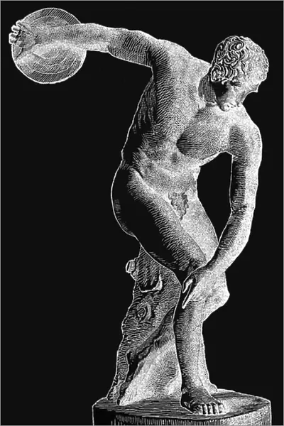 Greek athlete throwing the discus, illustration from Cassells Illustrated Universal History by Edward Ollier, 1890 (digitally enhanced image)