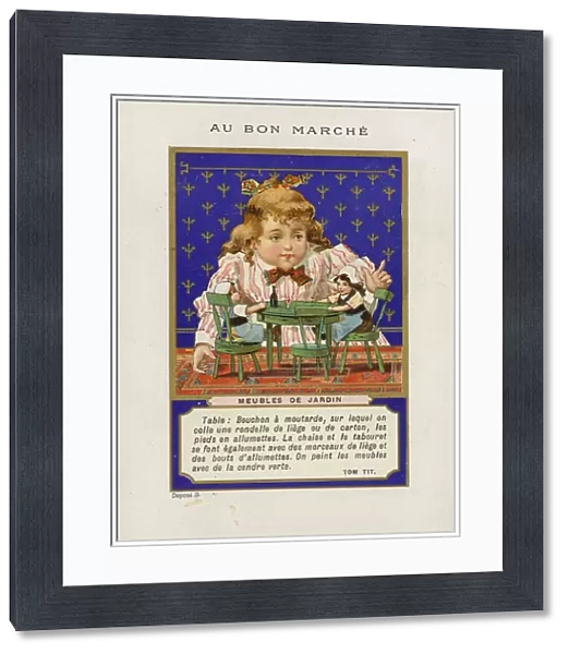 Girl playing with dolls and miniature furniture, Meubles De Jardin (chromolitho)