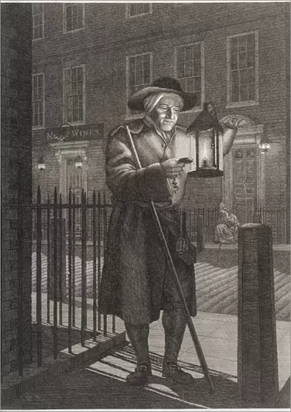 London Watchman with his Lantern by Moonlight, 1776 (engraving)