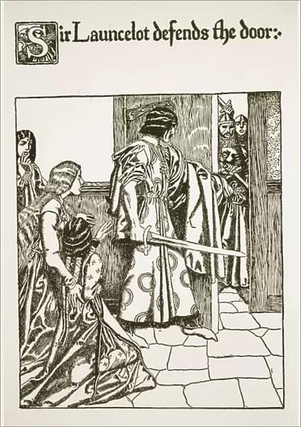 Sir Launcelot defends the door, illustration from The Story of the Grail