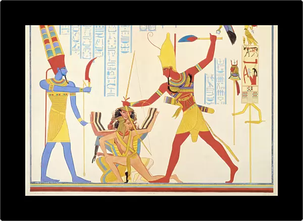 The God Amun offers a sickle weapon to the pharaoh Ramesses III as he strikes two