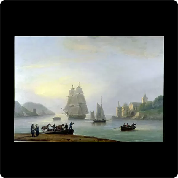 A Brig Entering Dartmouth Harbour, with a Ferry in the Foreground, 1828 (oil on canvas)