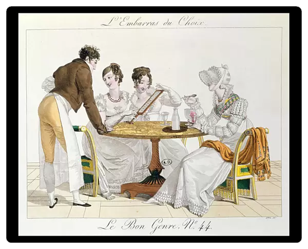 Too Much Choice, plate 44 from Le Bon Genre, 1827 (coloured engraving)