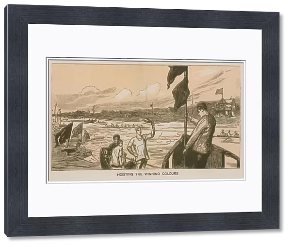 Reminiscences of an Oxford and Cambridge Boat Race: Hoisting the winning colours (engraving)