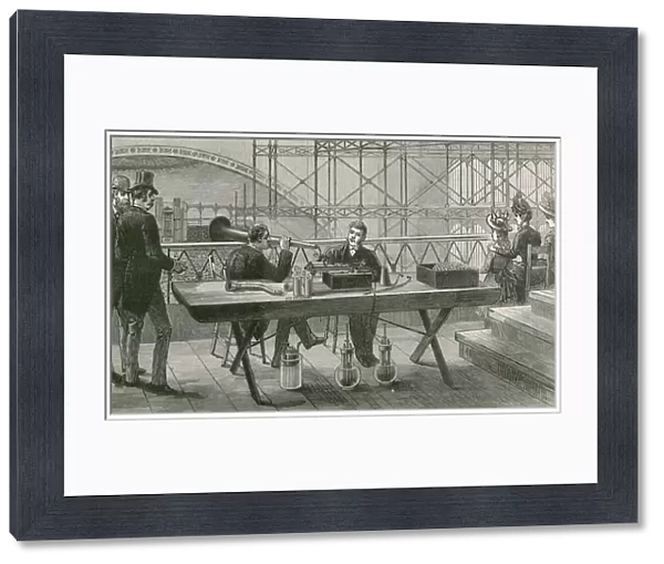 Edisons perfected phonograph in use in the press gallery during the Handel Festival at the Crystal Palace (engraving)