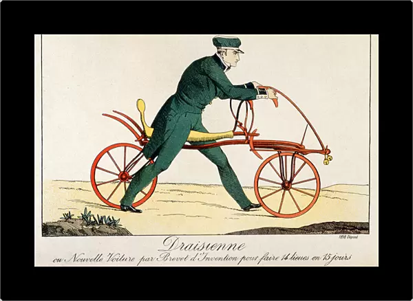 Draisienne, ancestor of the bicycle, 1820 (colour engraving)