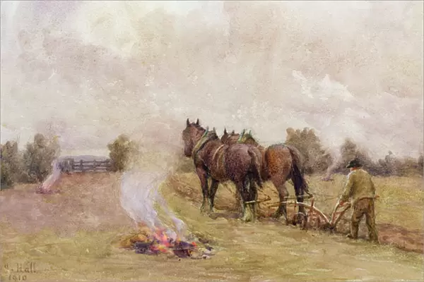 Ploughing Scene with Fires in a Field, 1910 (w  /  c on paper)