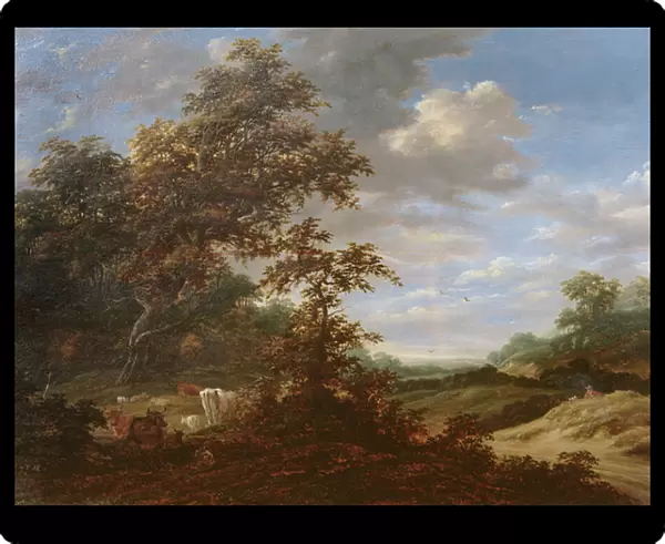 A Wooded Landscape with Cattle (oil on panel)