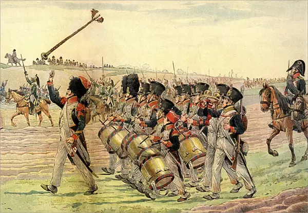 Regiment of the Napoleonic Army marching to battle at the sound of music, c. 1900 (print)