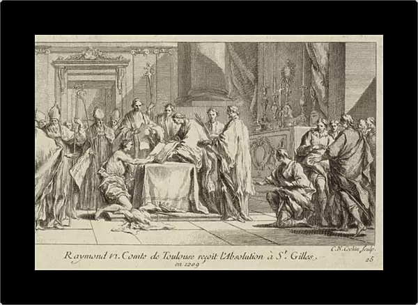 Raymond VI, Count of Toulouse, humbling himself at the Church of St Gilles in order to have his excommunication lifted, 1209 (engraving)