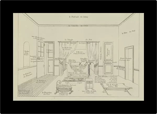 Une chambre a coucher - a bedroom (engraving)