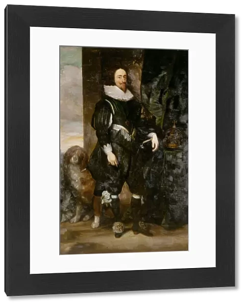 Portrait of King Charles I wearing the order of the garter, with a dog by his side