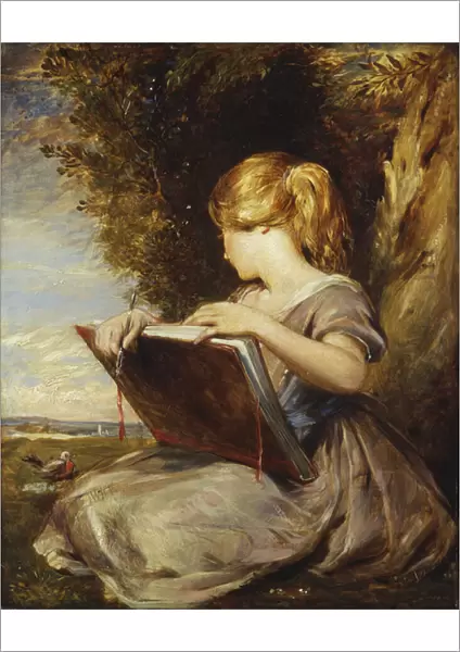 A Young Girl seated under a Tree with a Sketch Book, (oil on panel)