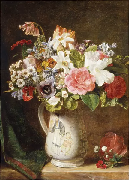 Roses Tulips and other Flowers in a Porcelain Tankard on a Draped Ledge, (oil on canvas)